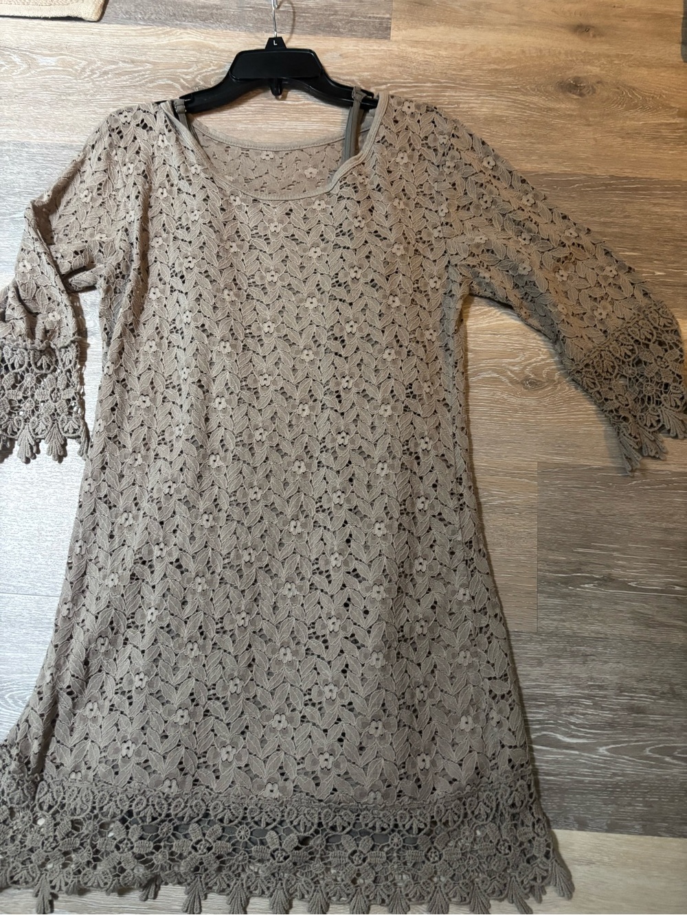 Taupe Crochet Midi Dress with Scalloped Hem